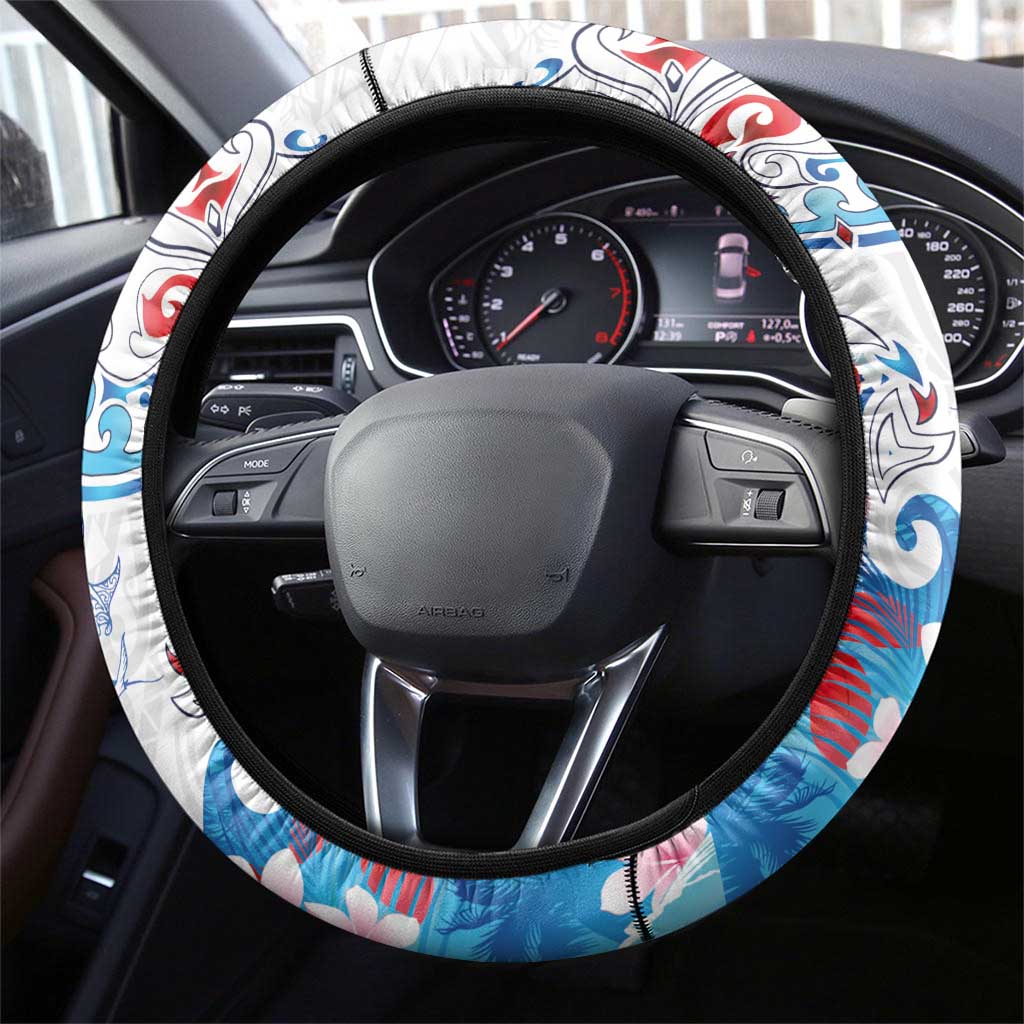 Hawaiian Tribal Manta Ray Steering Wheel Cover Kakau Tattoo and Flowers Surfing Waves Pattern Ocean Color