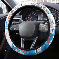 Hawaiian Tribal Manta Ray Steering Wheel Cover Kakau Tattoo and Flowers Surfing Waves Pattern Ocean Color