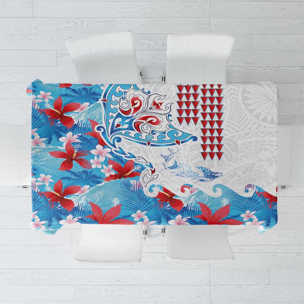 Hawaiian Tribal Manta Ray Tablecloth Kakau Tattoo and Flowers Surfing Waves Pattern Ocean Color