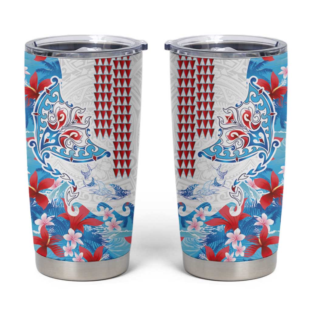 Hawaiian Tribal Manta Ray Tumbler Cup Kakau Tattoo and Flowers Surfing Waves Pattern Ocean Color