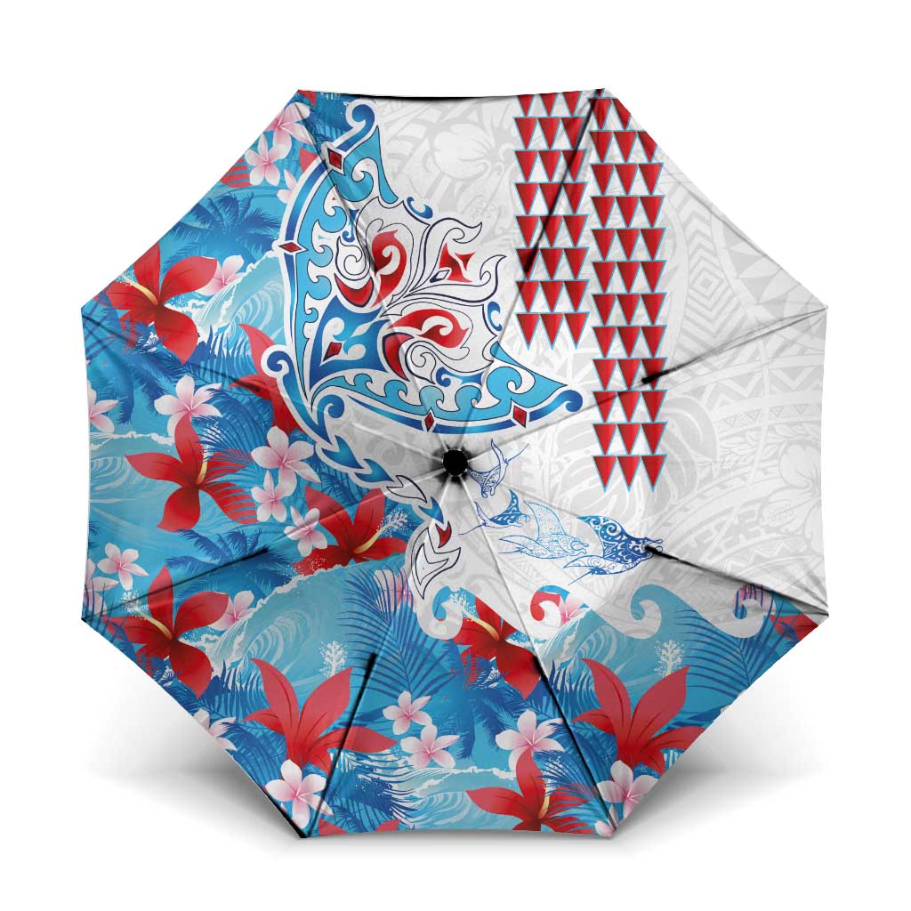 Hawaiian Tribal Manta Ray Umbrella Kakau Tattoo and Flowers Surfing Waves Pattern Ocean Color