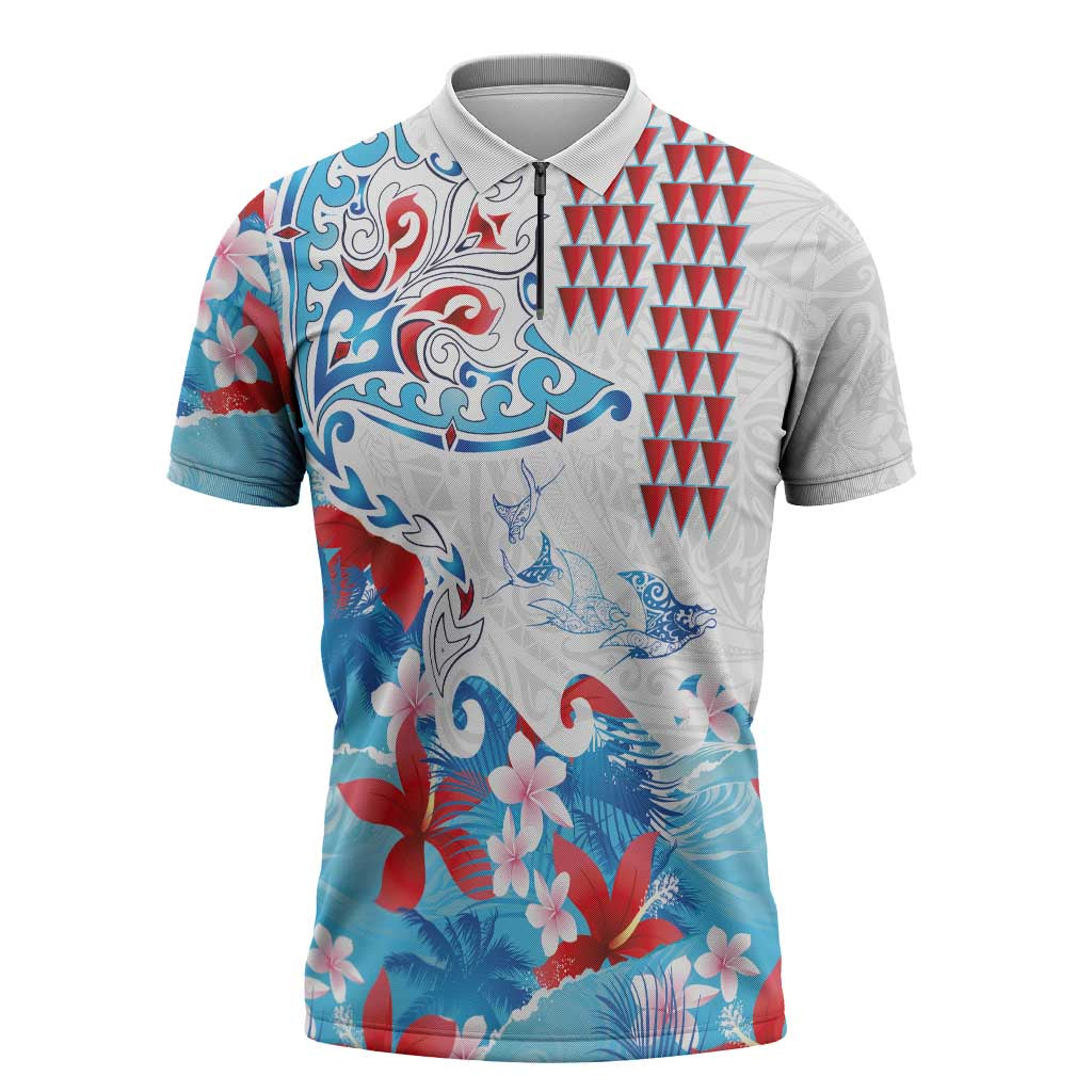 Hawaiian Tribal Manta Ray Zipper Polo Shirt Kakau Tattoo and Flowers Surfing Waves Pattern Ocean Color