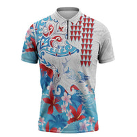 Hawaiian Tribal Manta Ray Zipper Polo Shirt Kakau Tattoo and Flowers Surfing Waves Pattern Ocean Color