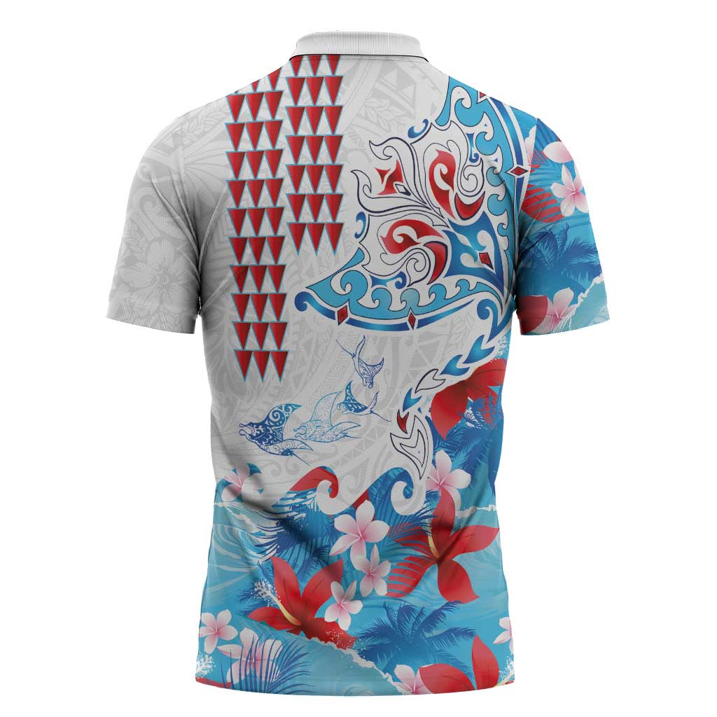Hawaiian Tribal Manta Ray Zipper Polo Shirt Kakau Tattoo and Flowers Surfing Waves Pattern Ocean Color