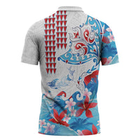 Hawaiian Tribal Manta Ray Zipper Polo Shirt Kakau Tattoo and Flowers Surfing Waves Pattern Ocean Color