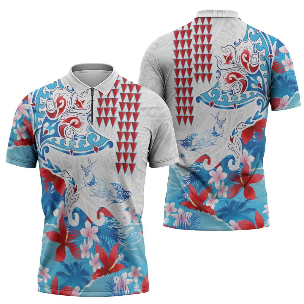 Hawaiian Tribal Manta Ray Zipper Polo Shirt Kakau Tattoo and Flowers Surfing Waves Pattern Ocean Color