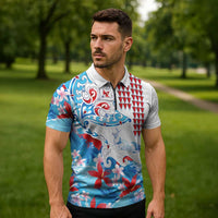 Hawaiian Tribal Manta Ray Zipper Polo Shirt Kakau Tattoo and Flowers Surfing Waves Pattern Ocean Color