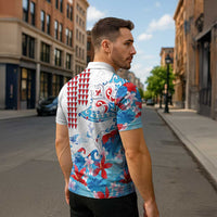 Hawaiian Tribal Manta Ray Zipper Polo Shirt Kakau Tattoo and Flowers Surfing Waves Pattern Ocean Color