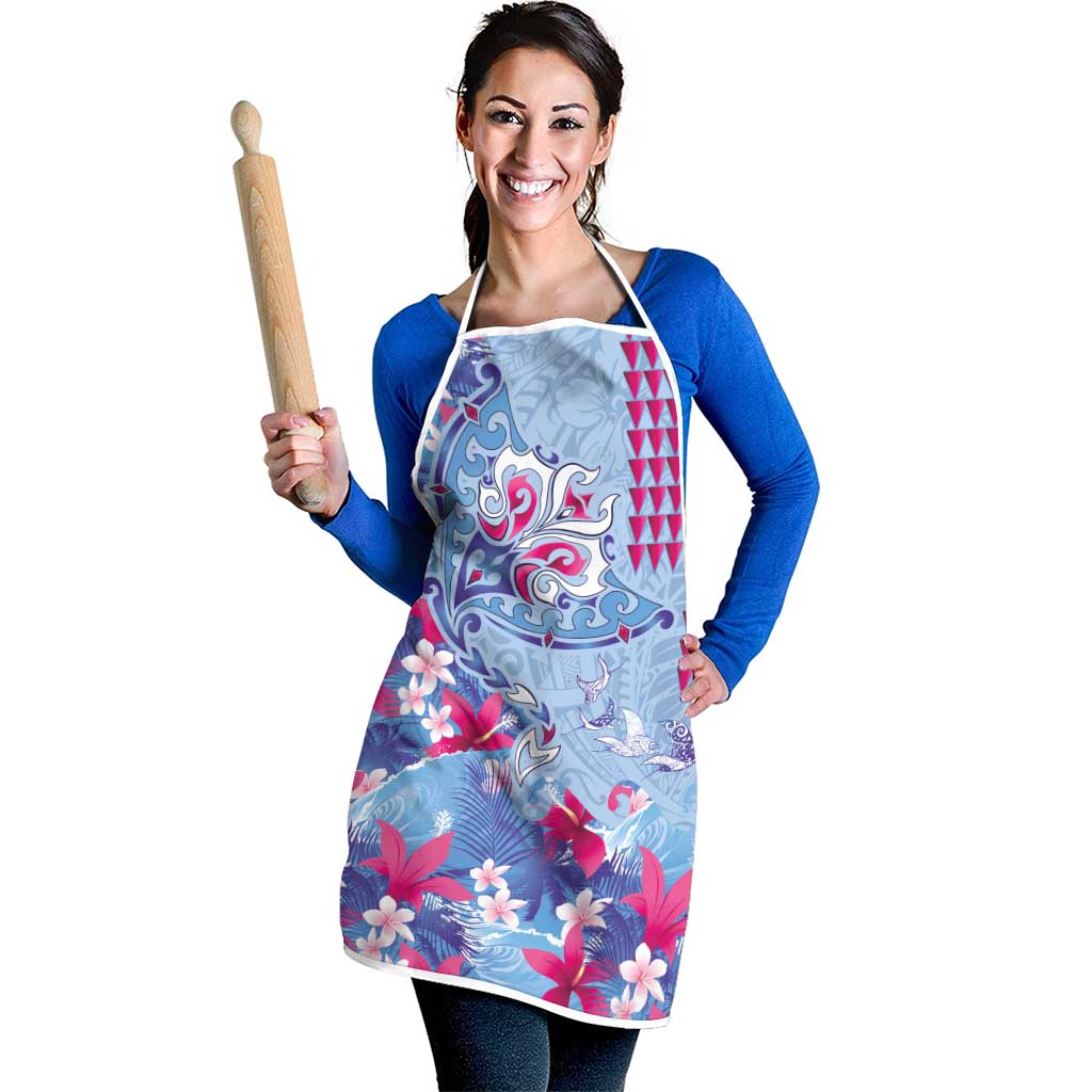 Hawaiian Tribal Manta Ray Apron Kakau Tattoo and Flowers Surfing Waves Pattern Soft Color LT03 - Polynesian Pride
