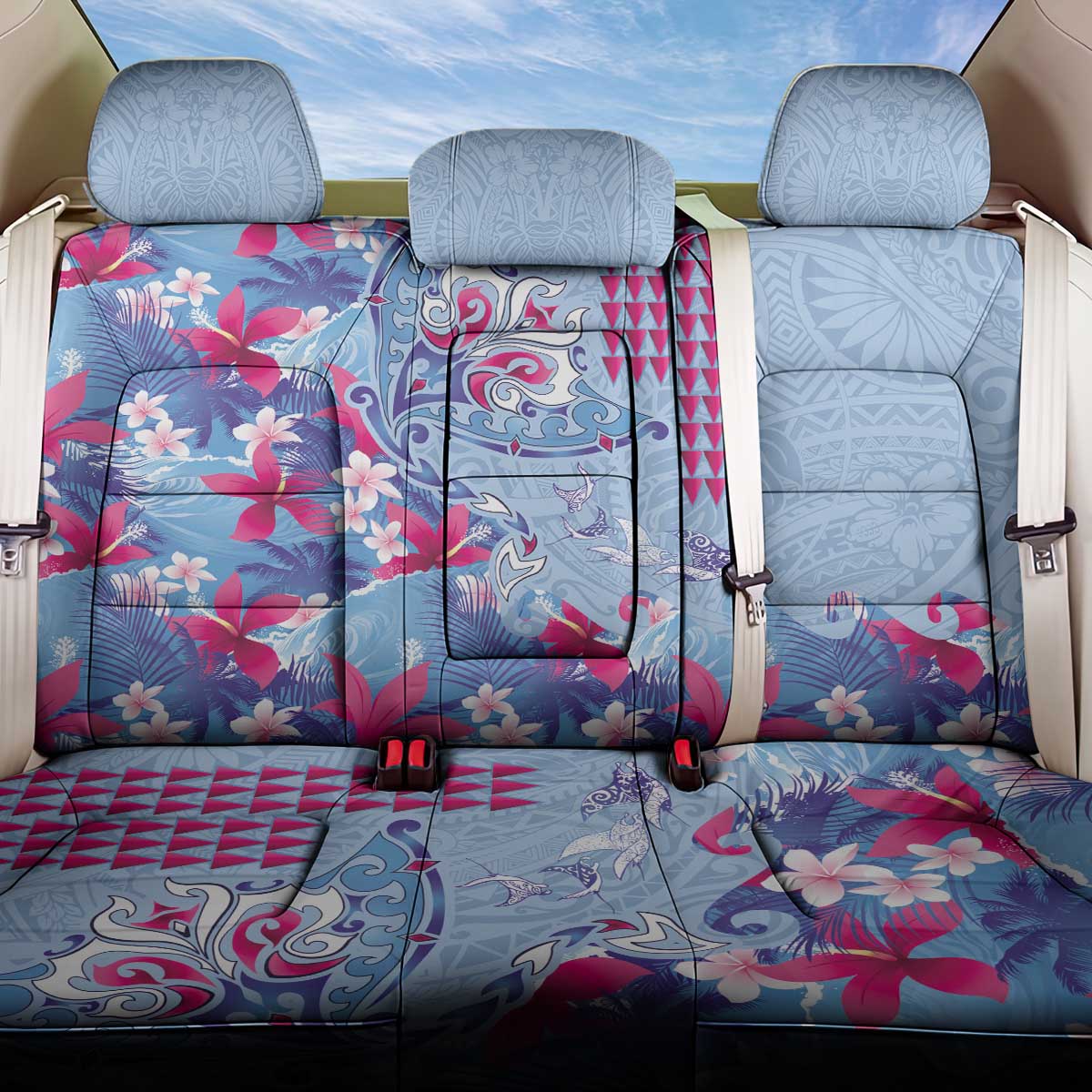 Hawaiian Tribal Manta Ray Back Car Seat Cover Kakau Tattoo and Flowers Surfing Waves Pattern Soft Color