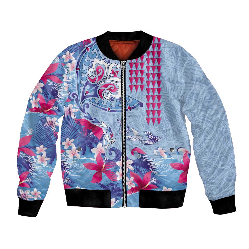 Hawaiian Tribal Manta Ray Bomber Jacket Kakau Tattoo and Flowers Surfing Waves Pattern Soft Color LT03 Unisex Multicolor - Polynesian Pride