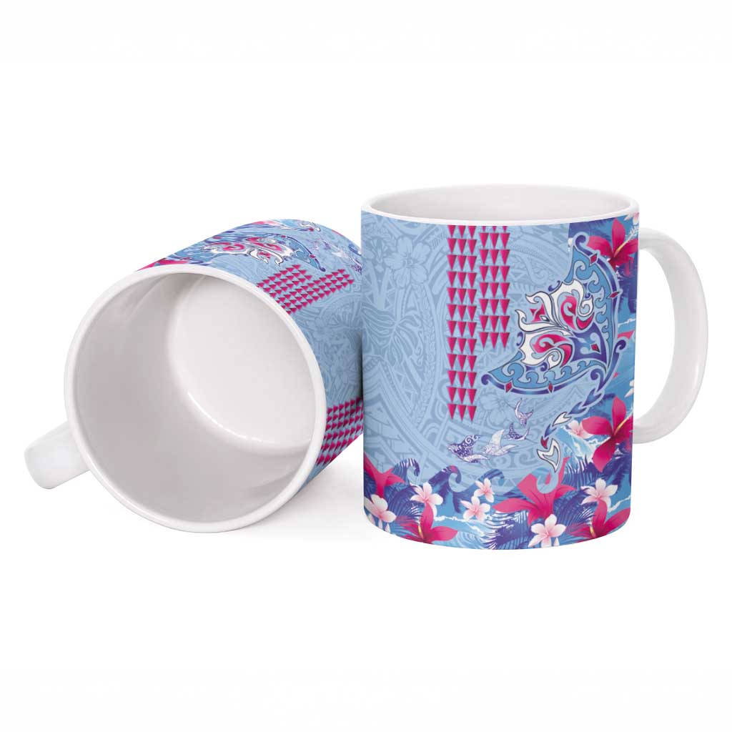 Hawaiian Tribal Manta Ray Ceramic Mug Kakau Tattoo and Flowers Surfing Waves Pattern Soft Color LT03 - Polynesian Pride