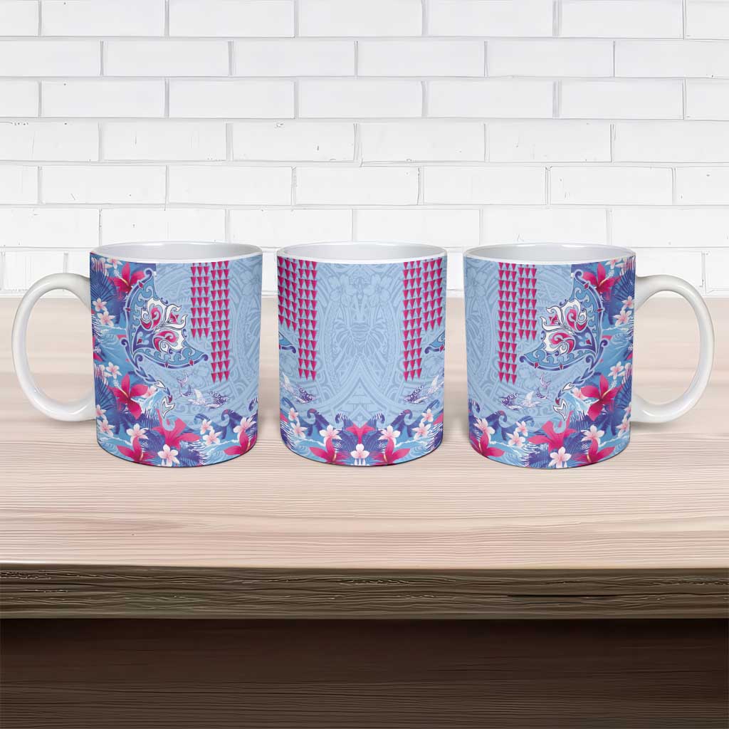Hawaiian Tribal Manta Ray Ceramic Mug Kakau Tattoo and Flowers Surfing Waves Pattern Soft Color LT03 - Polynesian Pride