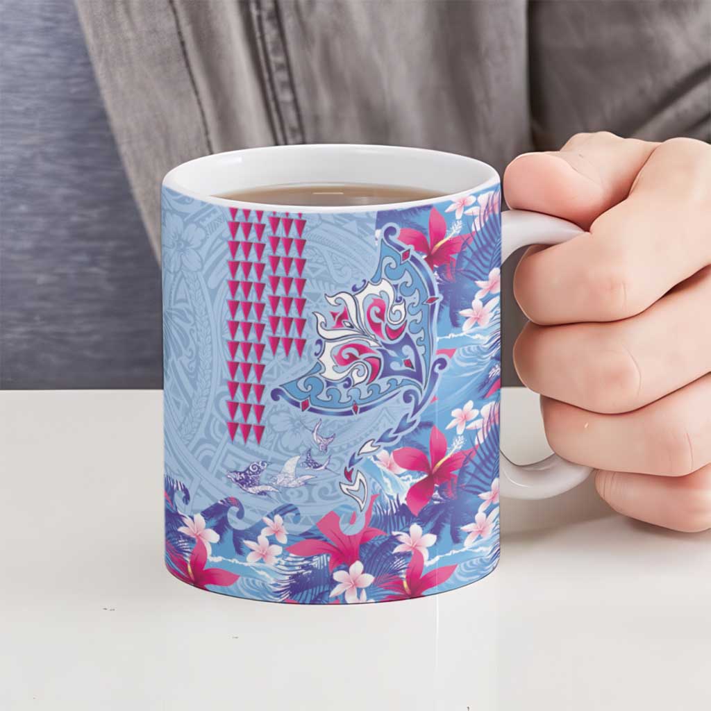 Hawaiian Tribal Manta Ray Ceramic Mug Kakau Tattoo and Flowers Surfing Waves Pattern Soft Color LT03 - Polynesian Pride