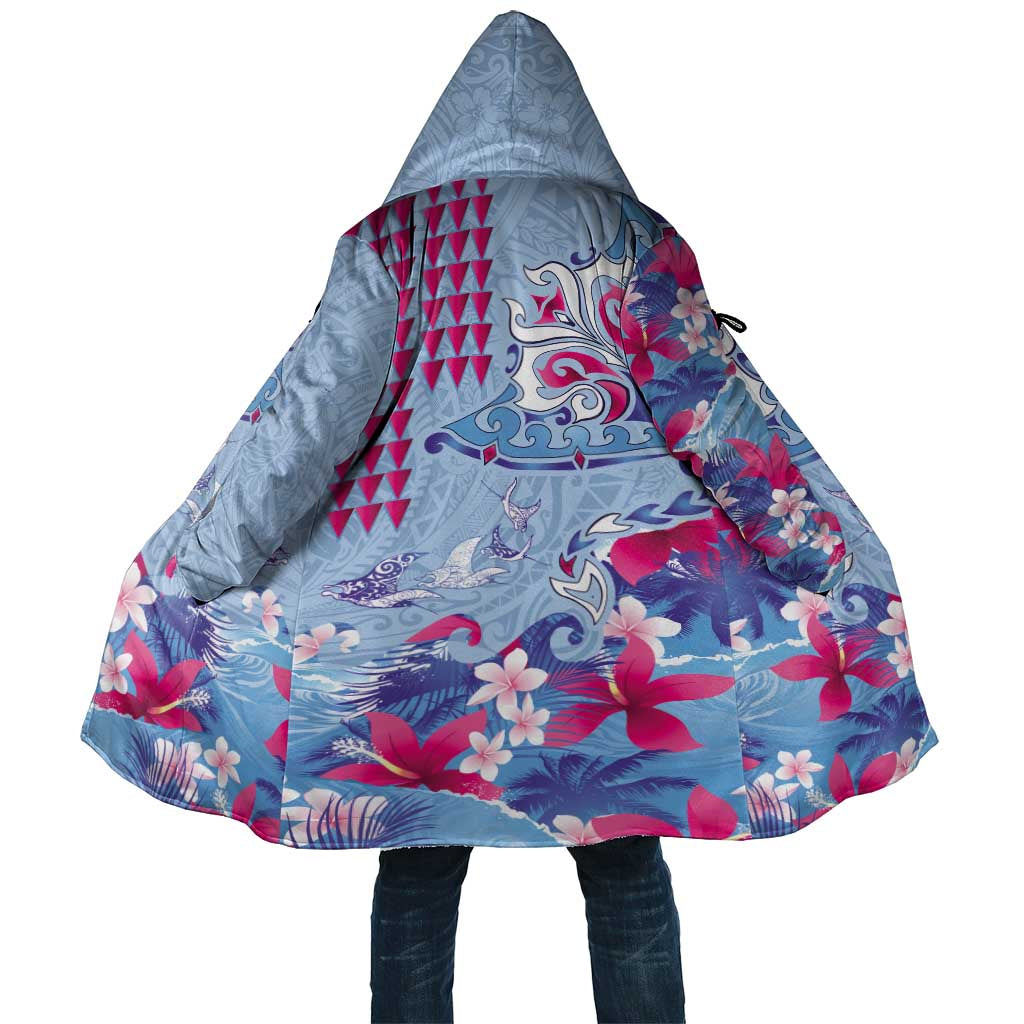 Hawaiian Tribal Manta Ray Cloak Kakau Tattoo and Flowers Surfing Waves Pattern Soft Color