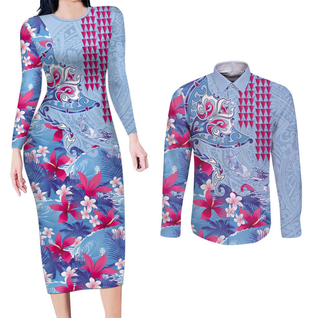 Hawaiian Tribal Manta Ray Couples Matching Long Sleeve Bodycon Dress and Long Sleeve Button Shirt Kakau Tattoo and Flowers Surfing Waves Pattern Soft Color LT03 Multicolor - Polynesian Pride