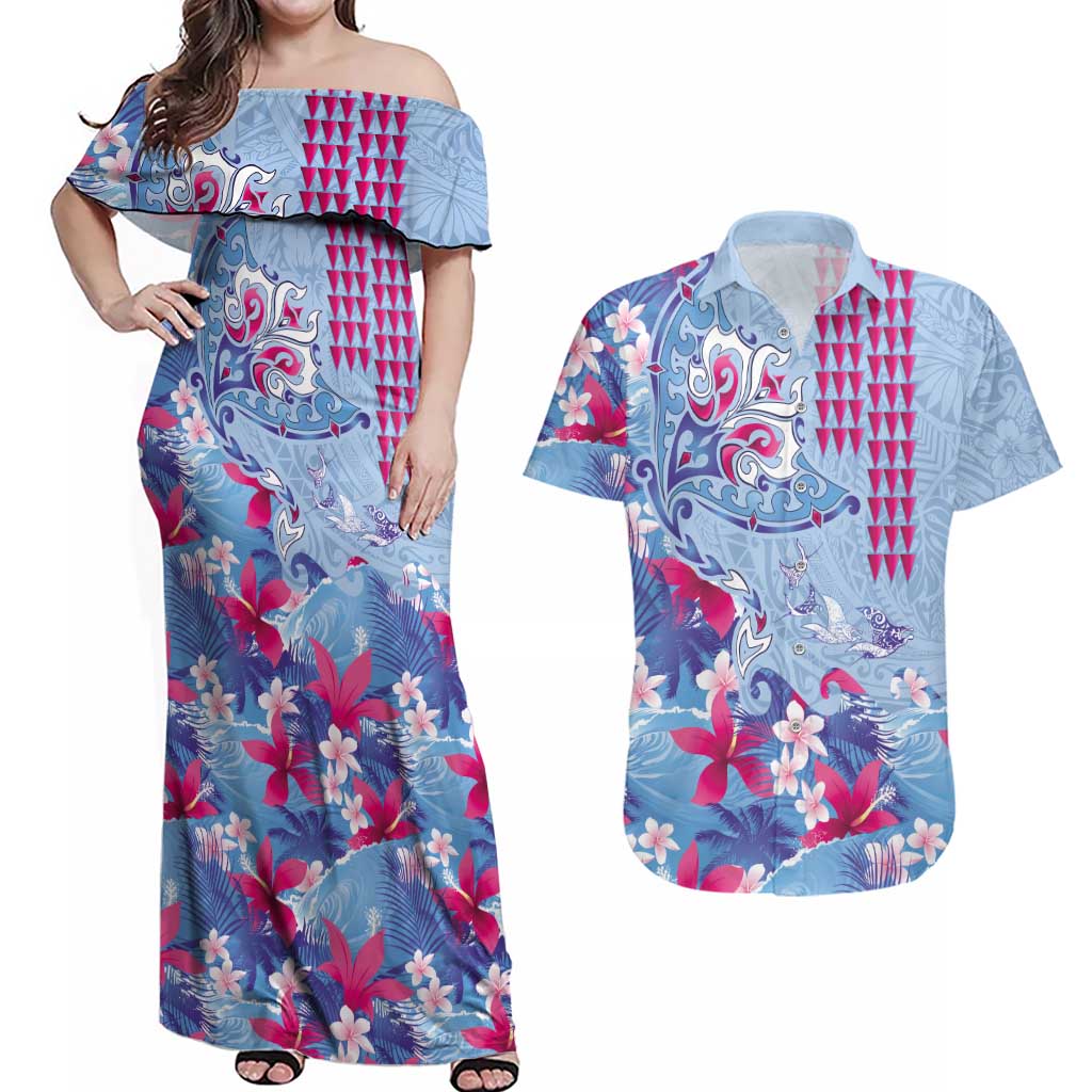 Hawaiian Tribal Manta Ray Couples Matching Off Shoulder Maxi Dress and Hawaiian Shirt Kakau Tattoo and Flowers Surfing Waves Pattern Soft Color LT03 Multicolor - Polynesian Pride