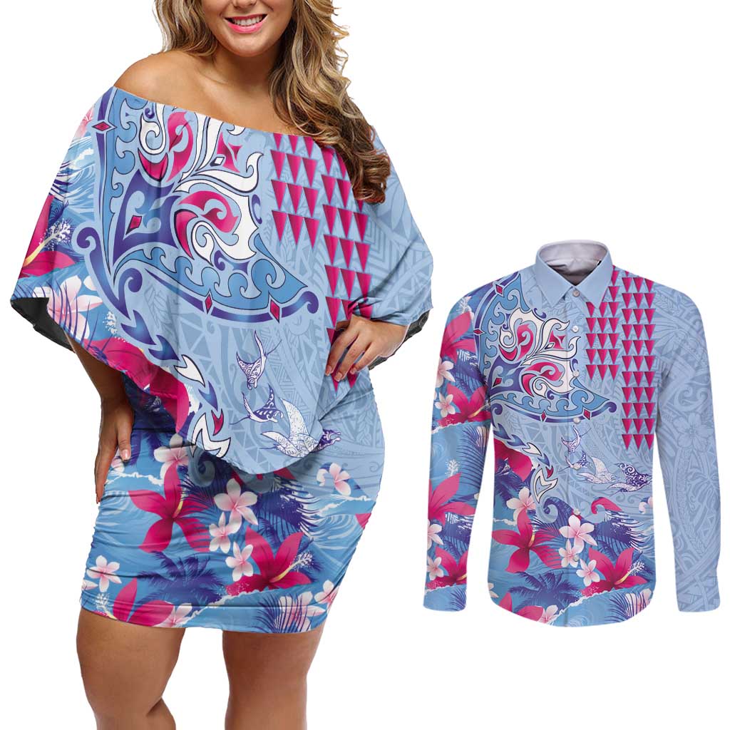 Hawaiian Tribal Manta Ray Couples Matching Off Shoulder Short Dress and Long Sleeve Button Shirt Kakau Tattoo and Flowers Surfing Waves Pattern Soft Color LT03 Multicolor - Polynesian Pride