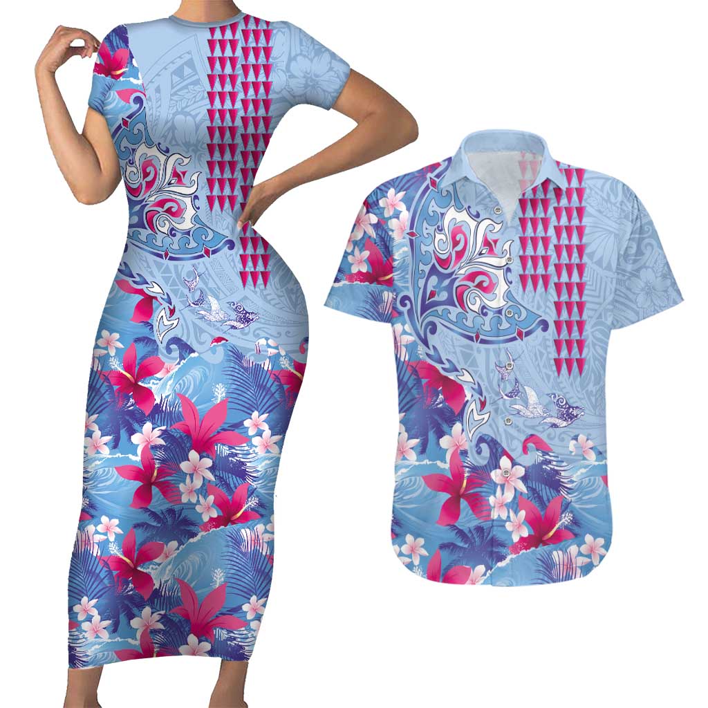 Hawaiian Tribal Manta Ray Couples Matching Short Sleeve Bodycon Dress and Hawaiian Shirt Kakau Tattoo and Flowers Surfing Waves Pattern Soft Color LT03 Multicolor - Polynesian Pride