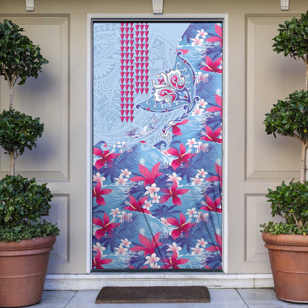 Hawaiian Tribal Manta Ray Door Cover Kakau Tattoo and Flowers Surfing Waves Pattern Soft Color