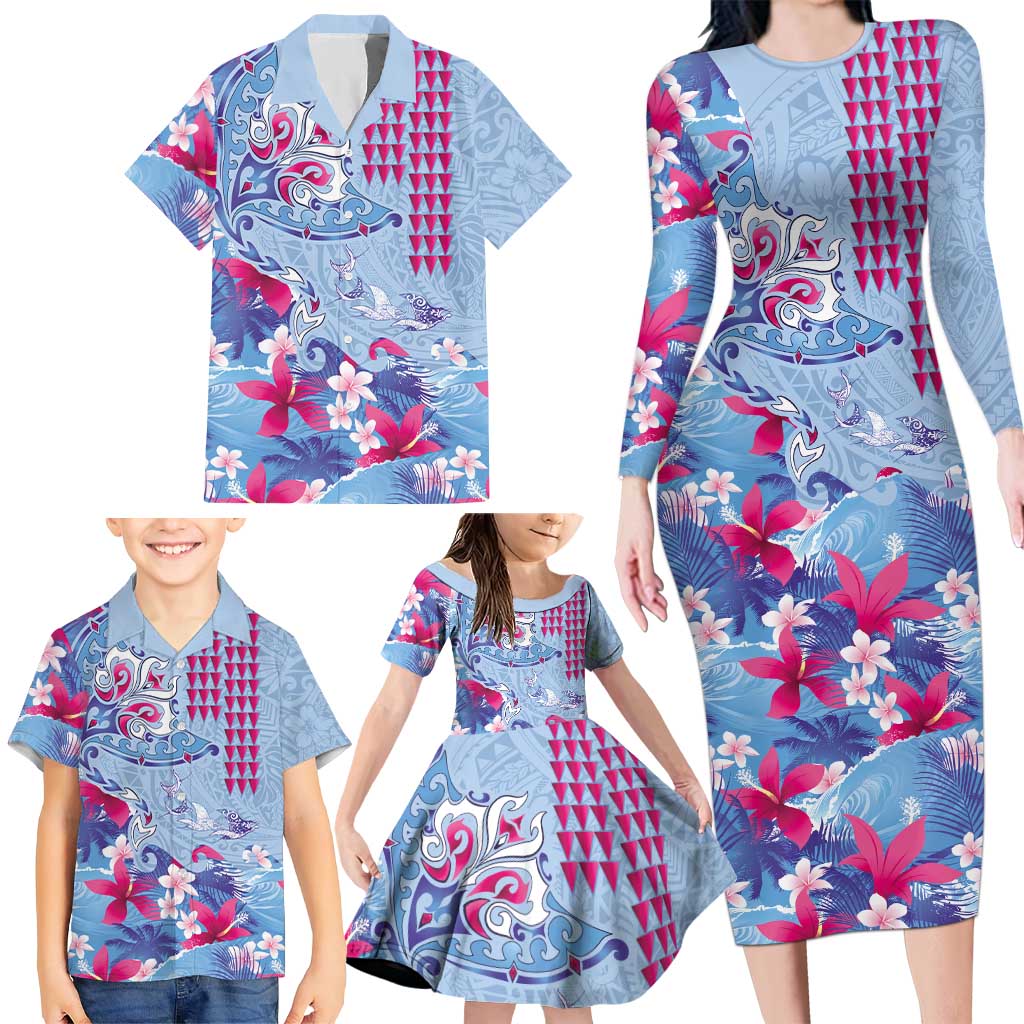 Hawaiian Tribal Manta Ray Family Matching Long Sleeve Bodycon Dress and Hawaiian Shirt Kakau Tattoo and Flowers Surfing Waves Pattern Soft Color LT03 - Polynesian Pride