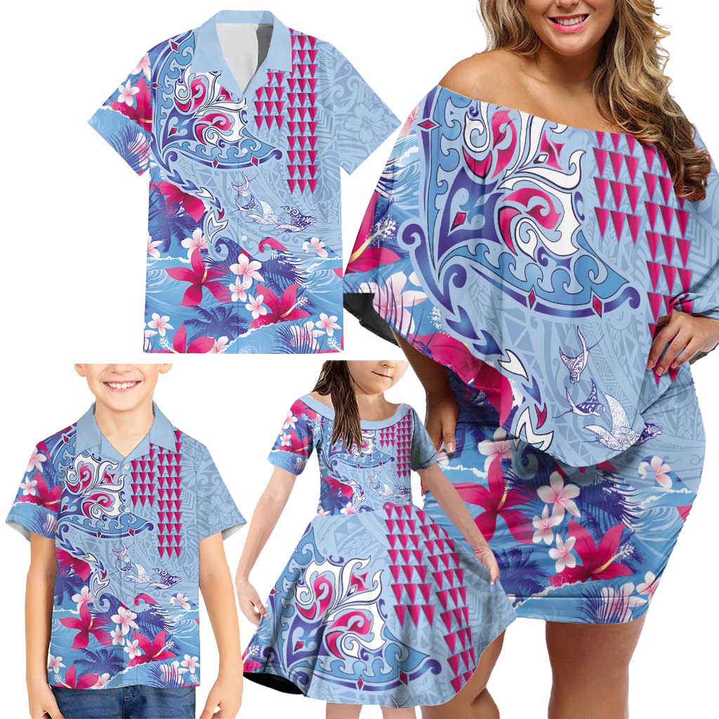 Hawaiian Tribal Manta Ray Family Matching Off Shoulder Short Dress and Hawaiian Shirt Kakau Tattoo and Flowers Surfing Waves Pattern Soft Color LT03 - Polynesian Pride