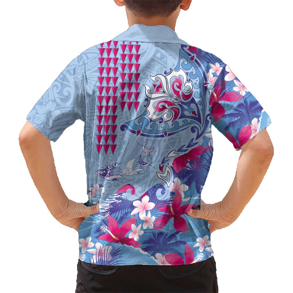 Hawaiian Tribal Manta Ray Family Matching Summer Maxi Dress and Hawaiian Shirt Kakau Tattoo and Flowers Surfing Waves Pattern Soft Color