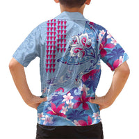 Hawaiian Tribal Manta Ray Family Matching Summer Maxi Dress and Hawaiian Shirt Kakau Tattoo and Flowers Surfing Waves Pattern Soft Color