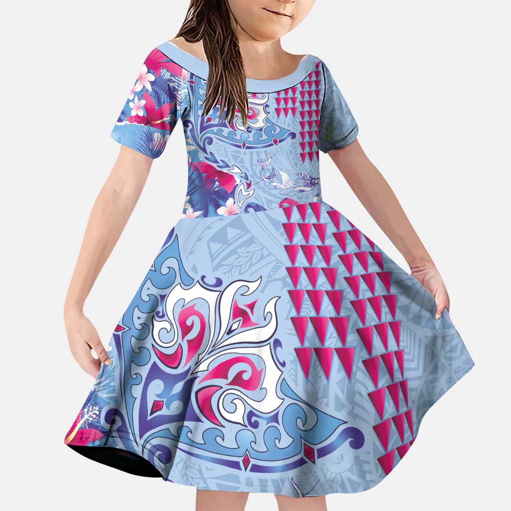 Hawaiian Tribal Manta Ray Family Matching Summer Maxi Dress and Hawaiian Shirt Kakau Tattoo and Flowers Surfing Waves Pattern Soft Color