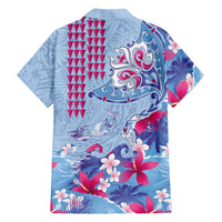 Hawaiian Tribal Manta Ray Family Matching Summer Maxi Dress and Hawaiian Shirt Kakau Tattoo and Flowers Surfing Waves Pattern Soft Color