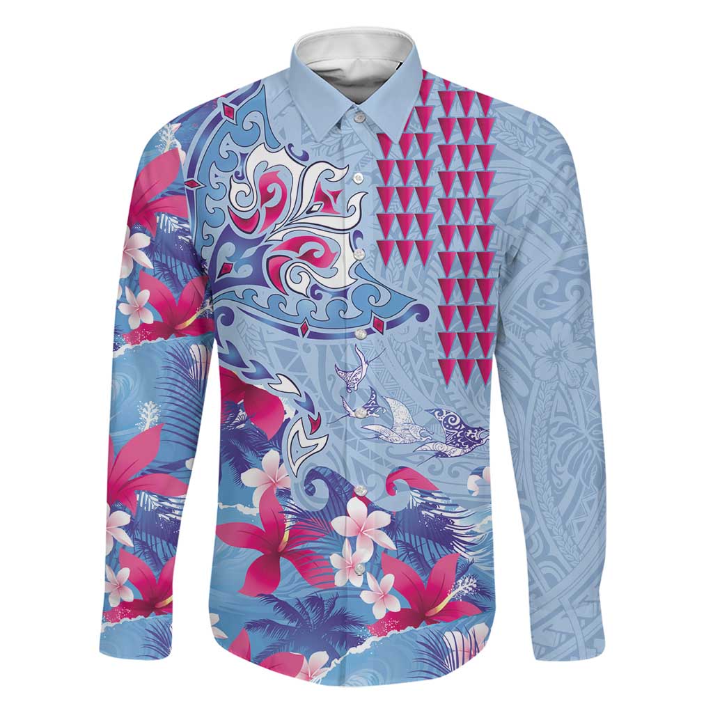 Hawaiian Tribal Manta Ray Family Matching Summer Maxi Dress and Hawaiian Shirt Kakau Tattoo and Flowers Surfing Waves Pattern Soft Color