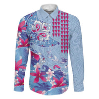 Hawaiian Tribal Manta Ray Family Matching Summer Maxi Dress and Hawaiian Shirt Kakau Tattoo and Flowers Surfing Waves Pattern Soft Color