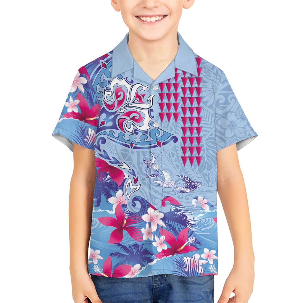 Hawaiian Tribal Manta Ray Family Matching Summer Maxi Dress and Hawaiian Shirt Kakau Tattoo and Flowers Surfing Waves Pattern Soft Color