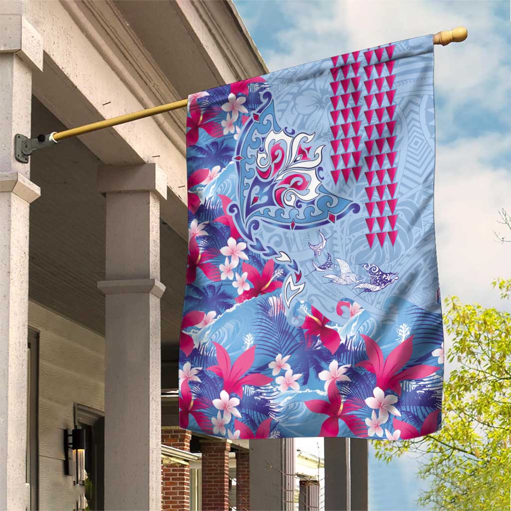 Hawaiian Tribal Manta Ray Garden Flag Kakau Tattoo and Flowers Surfing Waves Pattern Soft Color