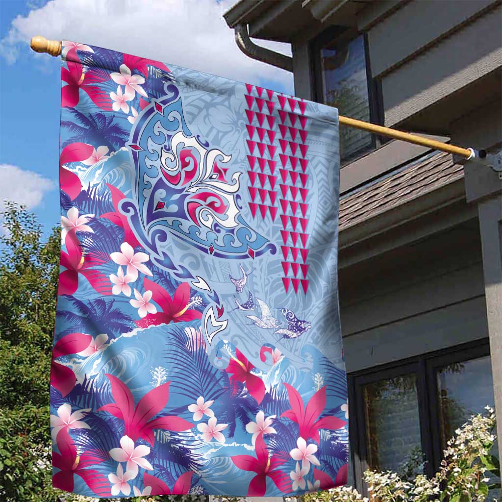 Hawaiian Tribal Manta Ray Garden Flag Kakau Tattoo and Flowers Surfing Waves Pattern Soft Color