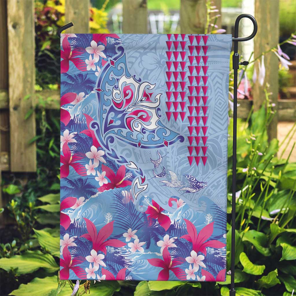Hawaiian Tribal Manta Ray Garden Flag Kakau Tattoo and Flowers Surfing Waves Pattern Soft Color