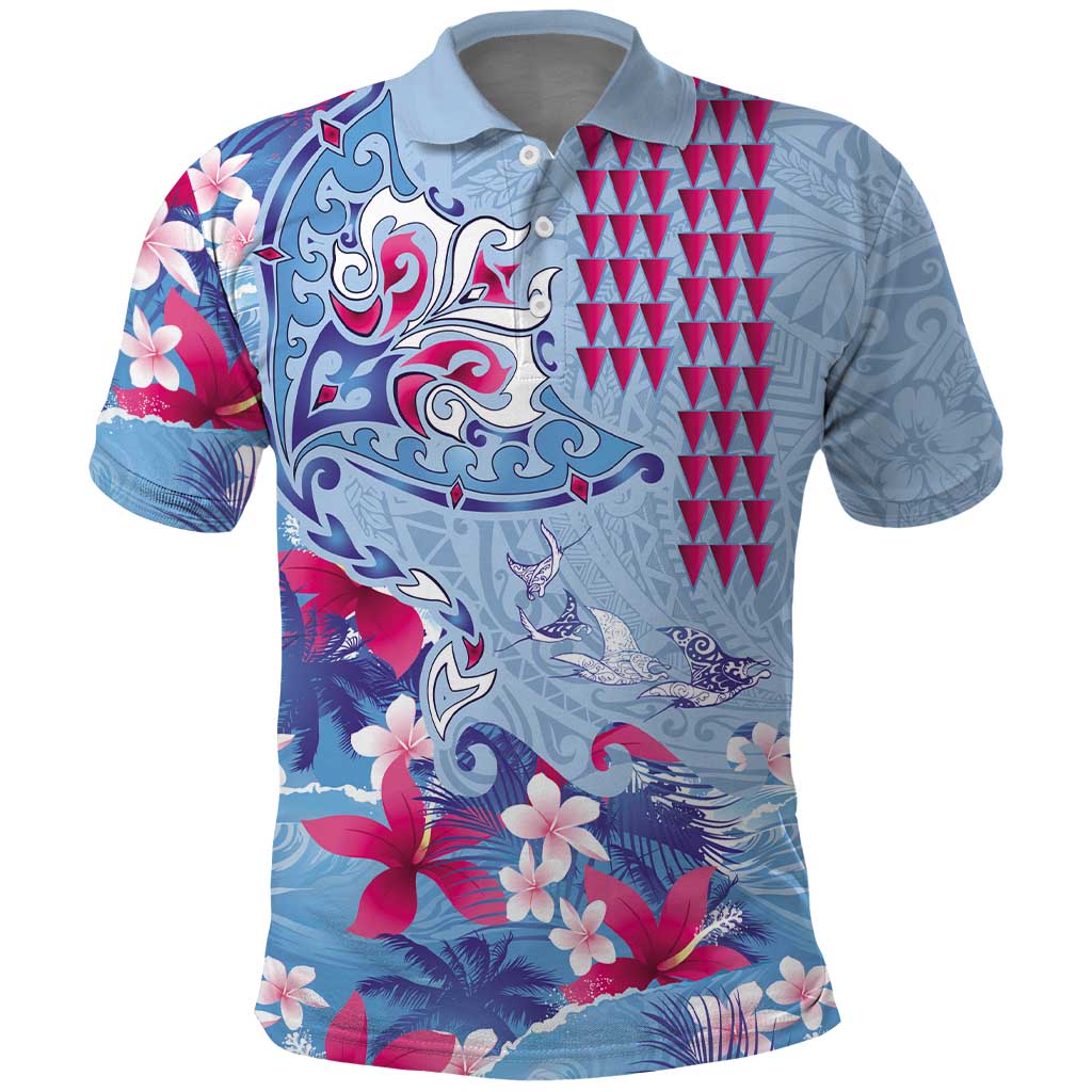 Hawaiian Tribal Manta Ray Polo Shirt Kakau Tattoo and Flowers Surfing Waves Pattern Soft Color