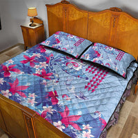 Hawaiian Tribal Manta Ray Quilt Bed Set Kakau Tattoo and Flowers Surfing Waves Pattern Soft Color