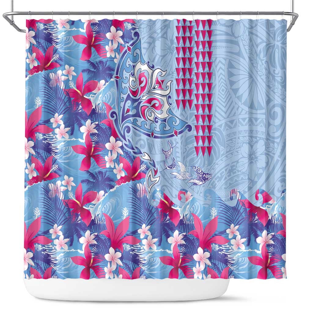 Hawaiian Tribal Manta Ray Shower Curtain Kakau Tattoo and Flowers Surfing Waves Pattern Soft Color