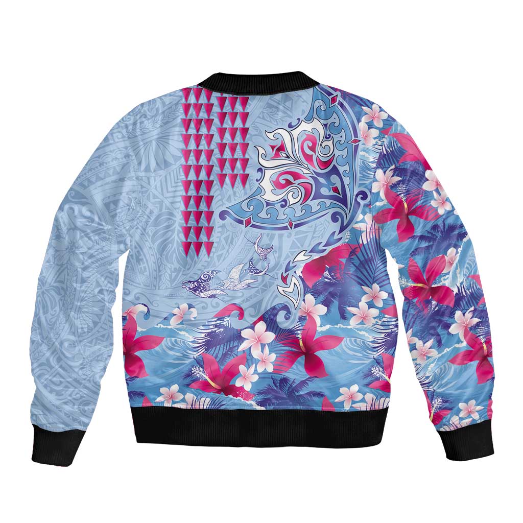 Hawaiian Tribal Manta Ray Sleeve Zip Bomber Jacket Kakau Tattoo and Flowers Surfing Waves Pattern Soft Color LT03 - Polynesian Pride