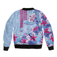 Hawaiian Tribal Manta Ray Sleeve Zip Bomber Jacket Kakau Tattoo and Flowers Surfing Waves Pattern Soft Color LT03 - Polynesian Pride
