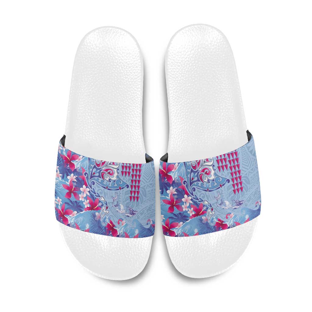 Hawaiian Tribal Manta Ray Slide Sandals Kakau Tattoo and Flowers Surfing Waves Pattern Soft Color LT03 Multicolor - Polynesian Pride