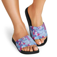 Hawaiian Tribal Manta Ray Slide Sandals Kakau Tattoo and Flowers Surfing Waves Pattern Soft Color LT03 - Polynesian Pride