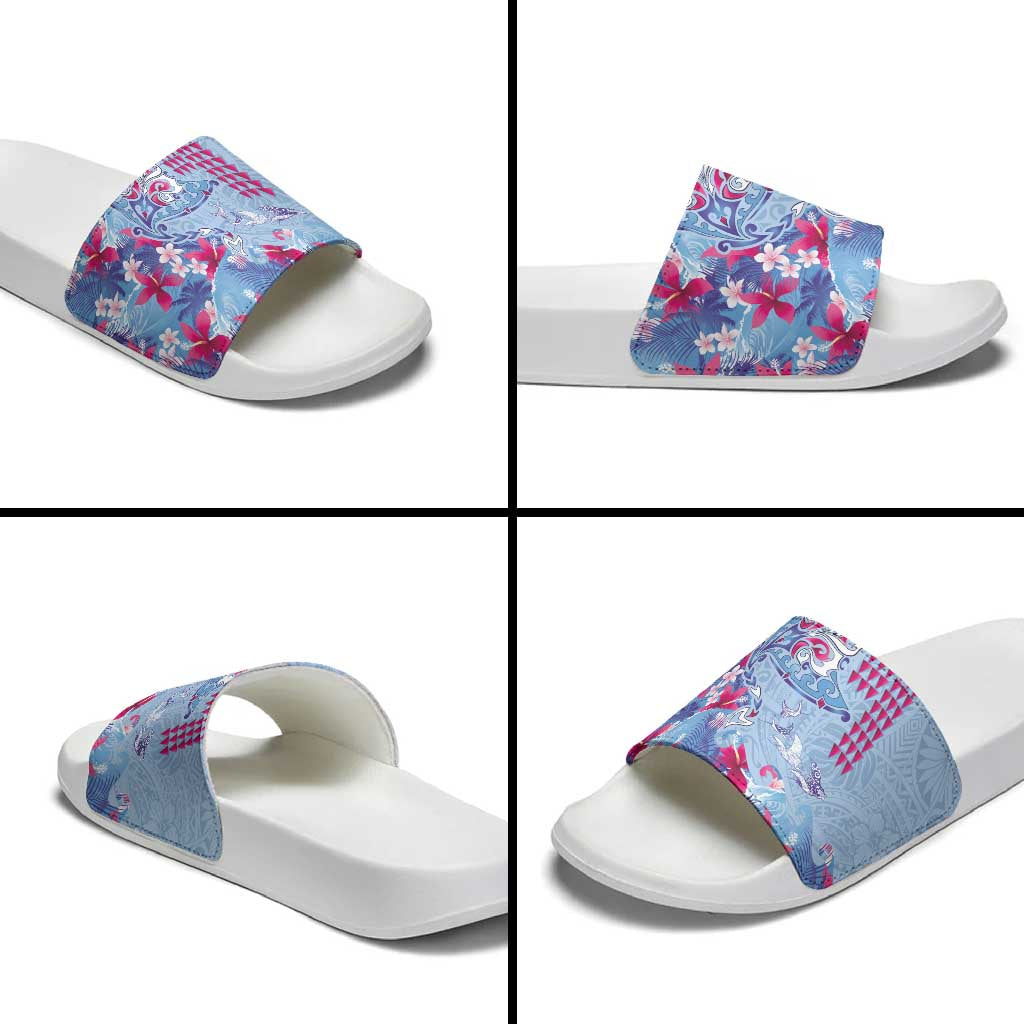 Hawaiian Tribal Manta Ray Slide Sandals Kakau Tattoo and Flowers Surfing Waves Pattern Soft Color LT03 - Polynesian Pride