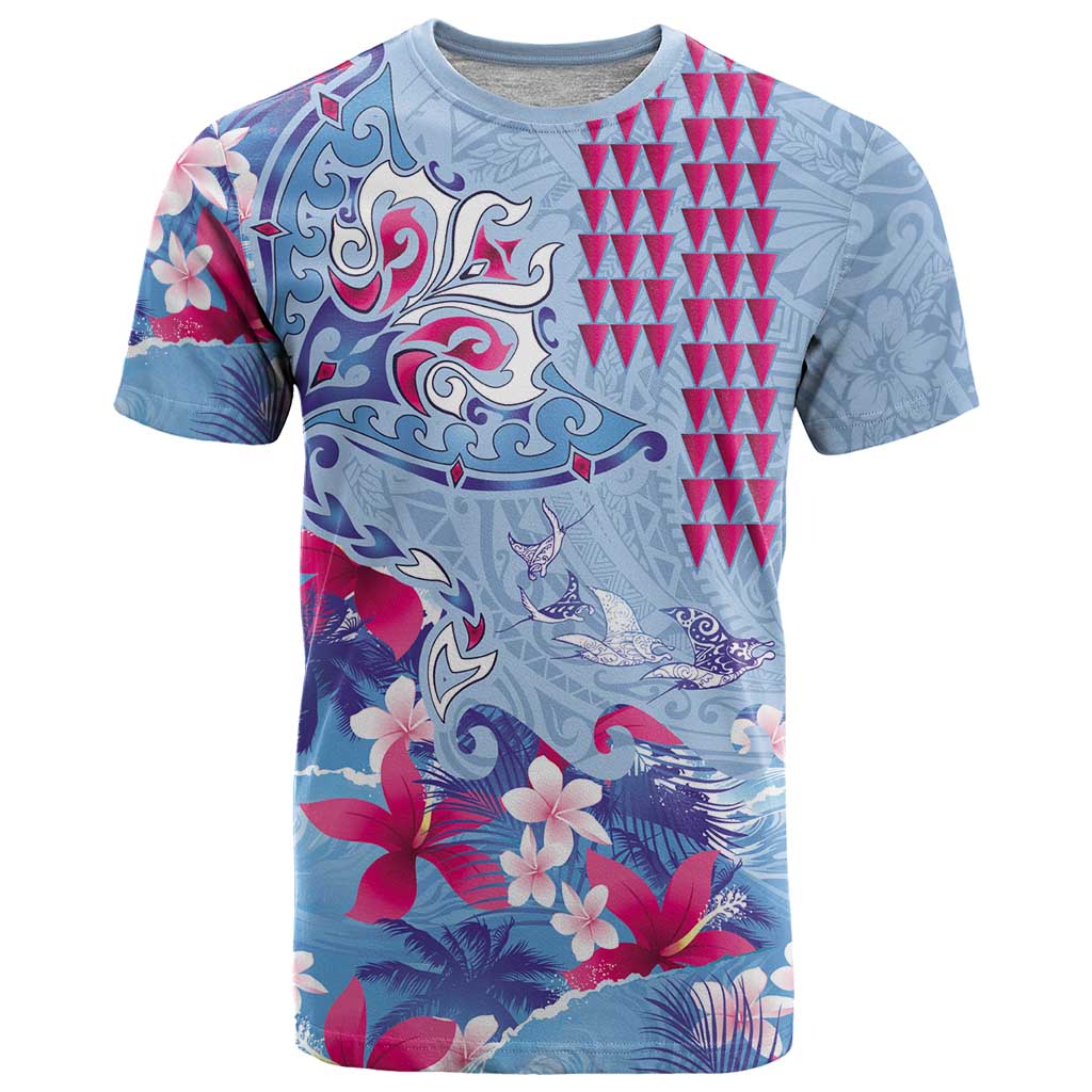 Hawaiian Tribal Manta Ray T Shirt Kakau Tattoo and Flowers Surfing Waves Pattern Soft Color