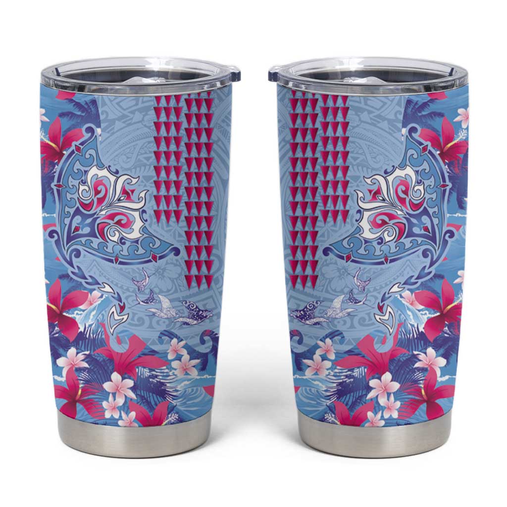 Hawaiian Tribal Manta Ray Tumbler Cup Kakau Tattoo and Flowers Surfing Waves Pattern Soft Color