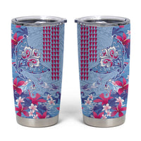 Hawaiian Tribal Manta Ray Tumbler Cup Kakau Tattoo and Flowers Surfing Waves Pattern Soft Color