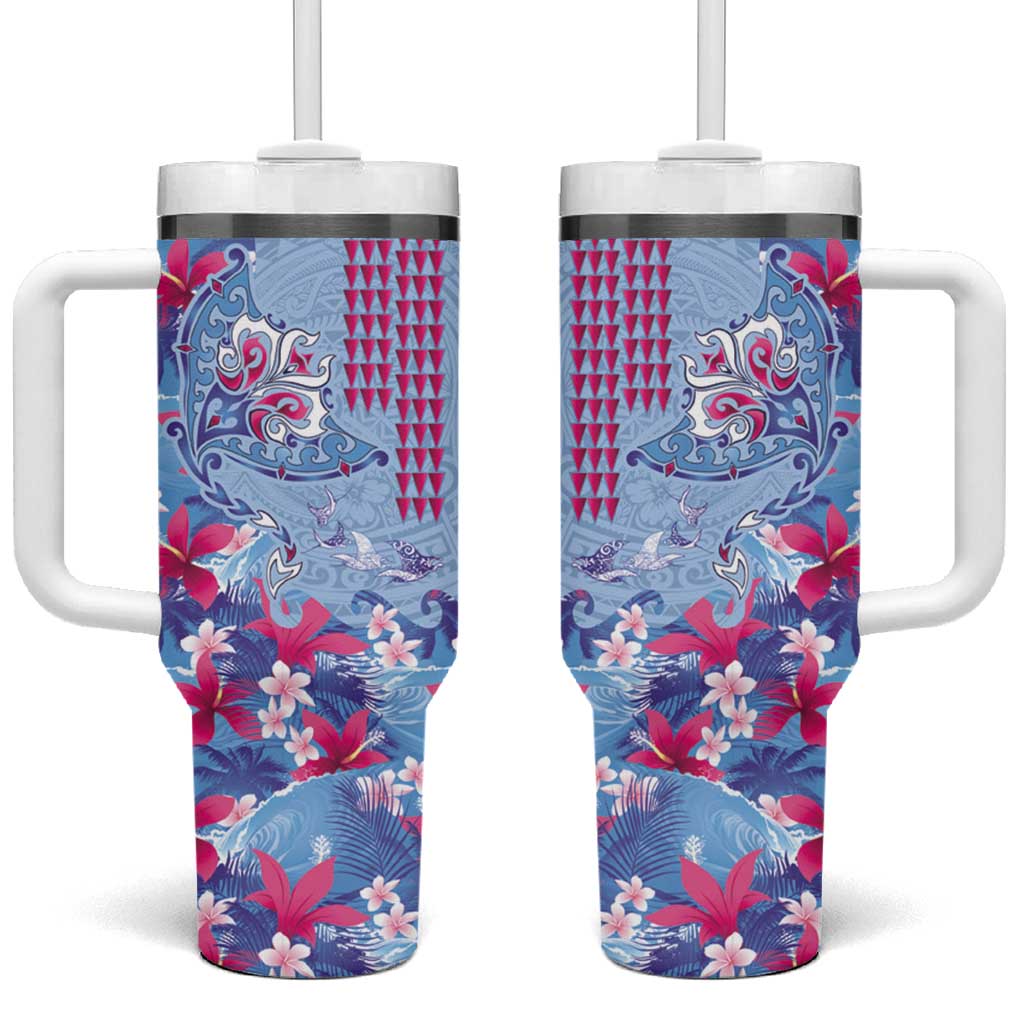 Hawaiian Tribal Manta Ray Tumbler With Handle Kakau Tattoo and Flowers Surfing Waves Pattern Soft Color