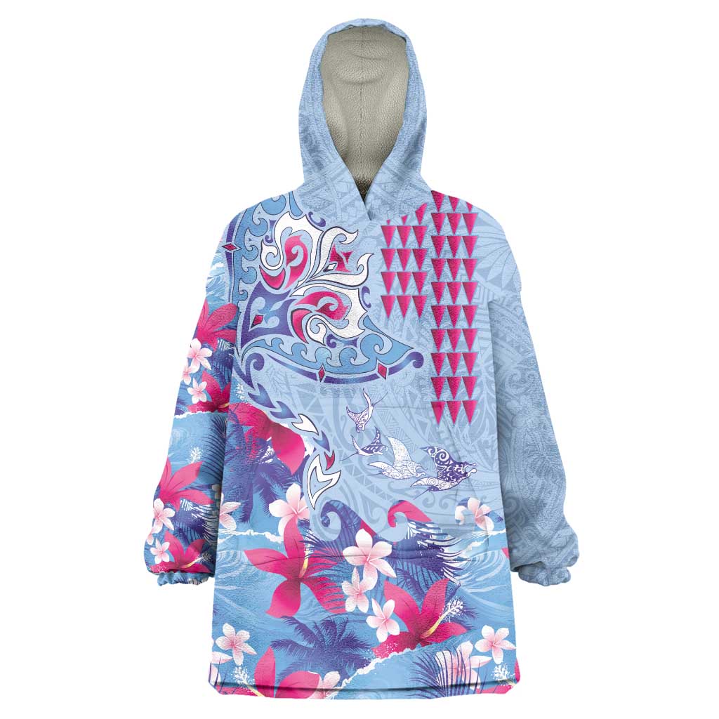Hawaiian Tribal Manta Ray Wearable Blanket Hoodie Kakau Tattoo and Flowers Surfing Waves Pattern Soft Color