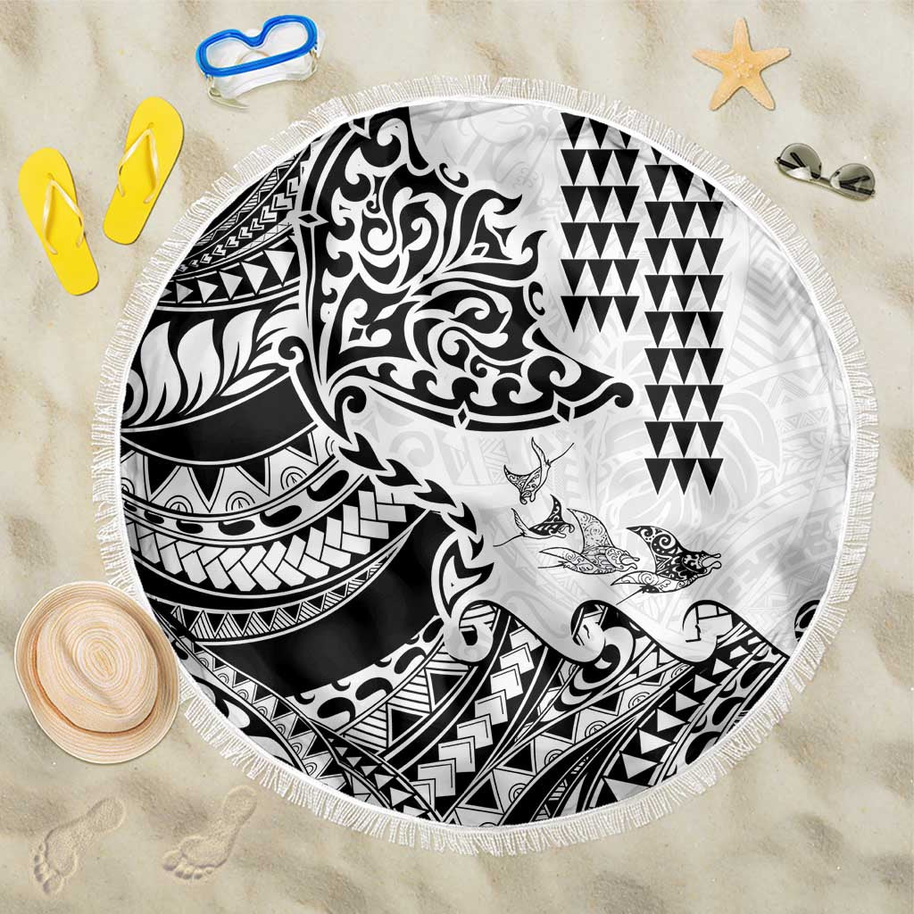 Hawaiian Tribal Manta Ray Beach Blanket Kakau Tattoo and Polynesian Art Motif Pattern
